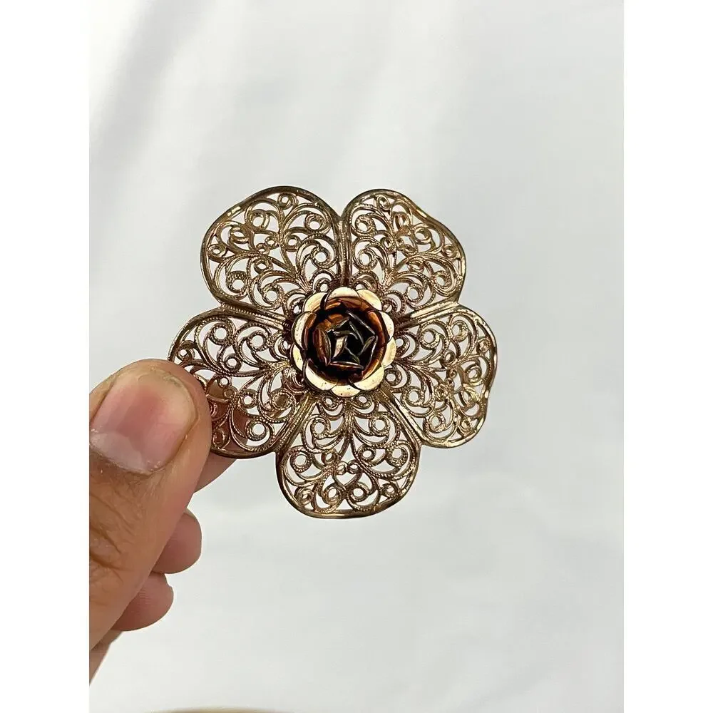 VTG 4x‎ Brooch Pin Lot Filigree Amber Floral Prong 3D Gold Tone Bronze 1960s